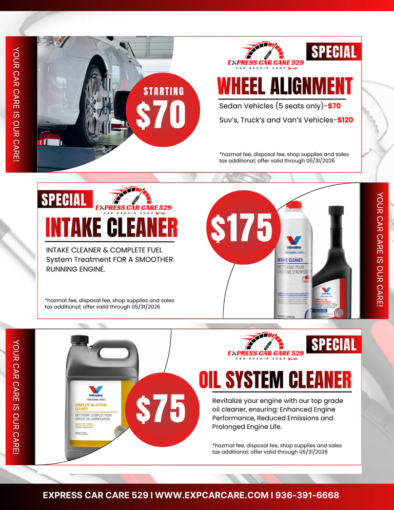 Express Car Care 529 promotional flyer offering wheel alignment, intake cleaner, and oil system cleaner service specials.