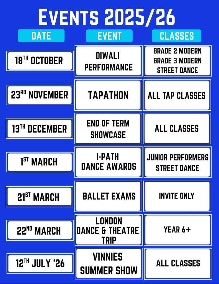 Schedule of dance school events for 2025 and 2026 including Exams, Tapathon, and Summer Show.