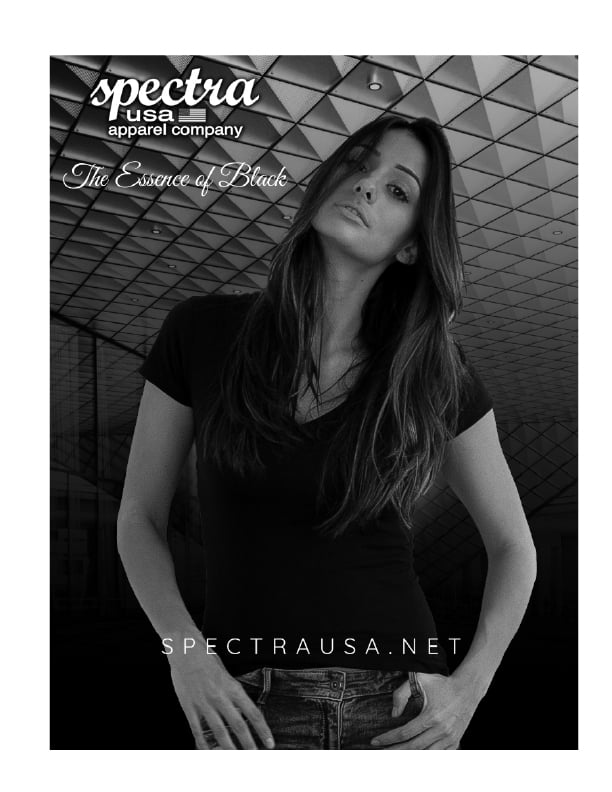 Woman wearing a Spectra USA black v-neck cotton t-shirt for a premium apparel company advertisement.