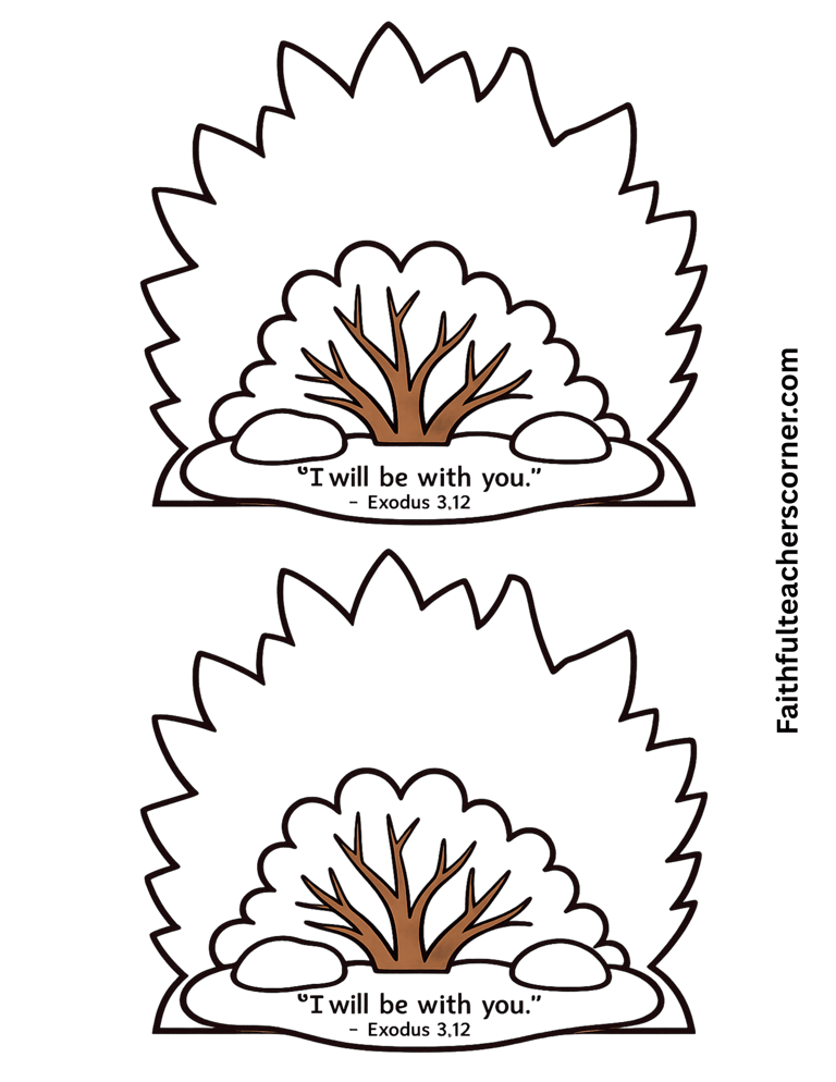 Printable burning bush craft template with Bible verse “I will be with you” Exodus 3:12 for kids.