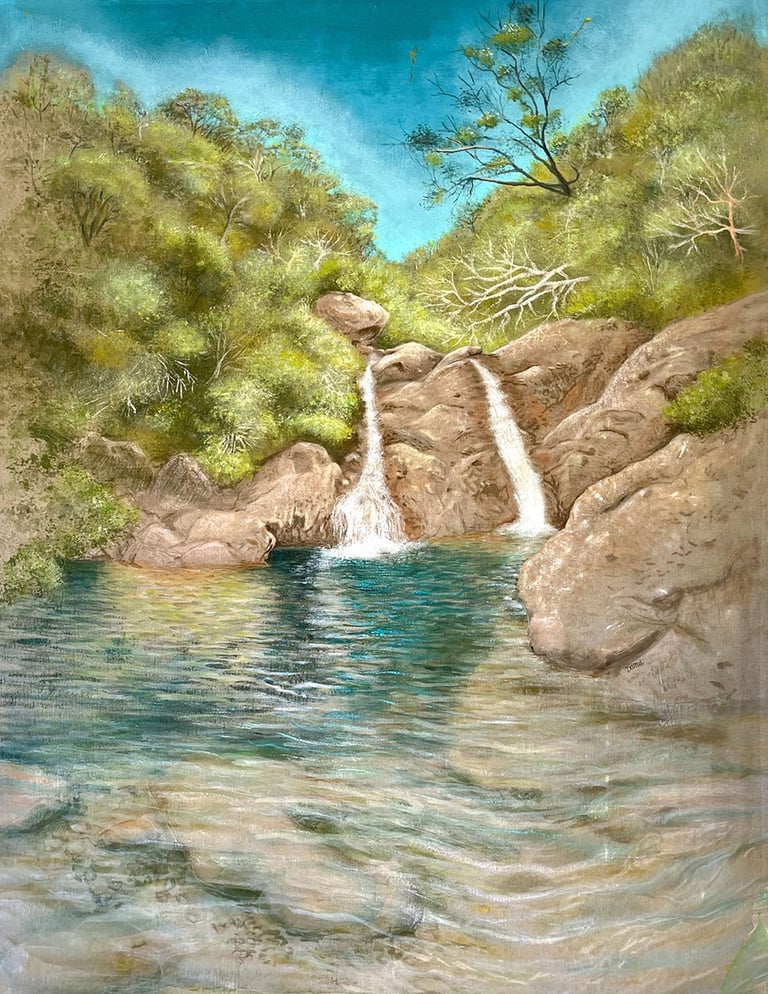Peinture acrylique sur lin brut cascade "Spichi" corse du sud