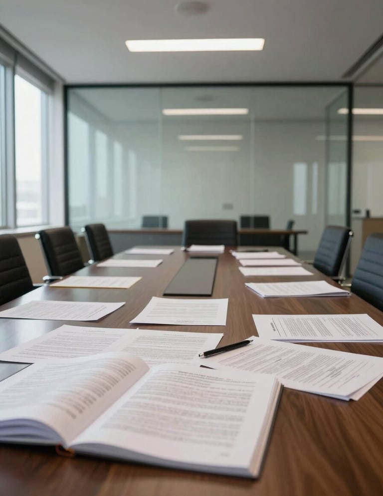 Interior of a Kuwaiti corporate office, wide environmental shot—conference table with documents spread open under recessed ceiling lights, glass partition walls reflecting the room, no people, controlled daylight from a side window, high-clarity detail on paper and furniture surfaces