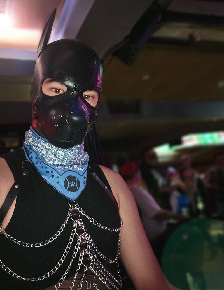 Man in a pup mask in a club.