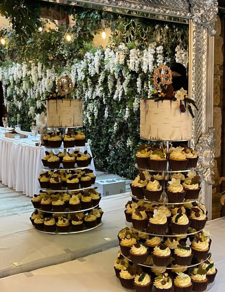 a wedding cake with cupcake tower on a table