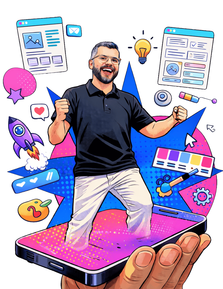 Ilustração de um designer sorridente sobre um smartphone, cercado por ícones de design digital tech