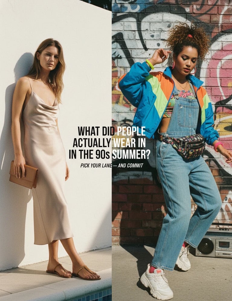 Women wearing real 90s summer outfits with crop tops, denim shorts, and colorful casual styles.