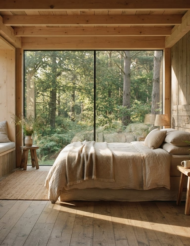 Architectural wide angle of a modern sustainable eco-lodge interior, soft morning window light casting long shadows on raw wood floors and linen sheets, 35mm photography