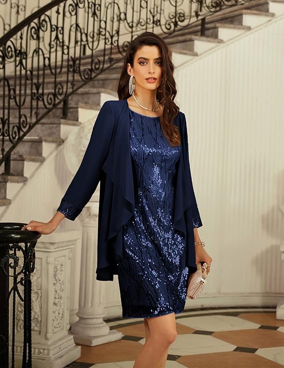 Elegant sequin two-piece dress with sleeveless bodycon sequined dress and a matching three-quarter 