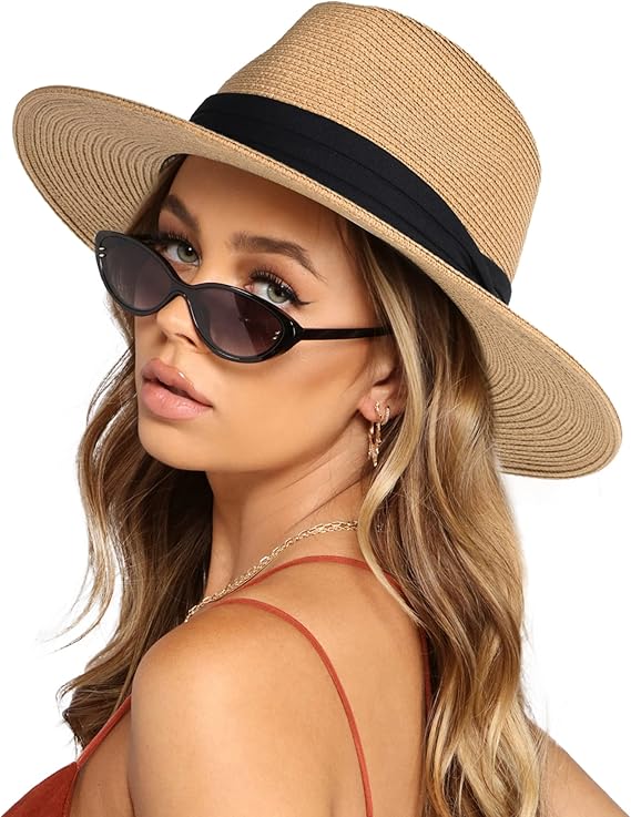FURTALK unisex straw Panama hat with wide brim and black ribbon, UPF sun protection, foldable summer