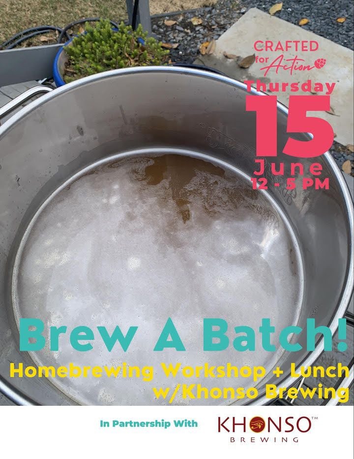 Homebrewing workshop flyer featuring a large stainless steel pot of brewing beer for a June 15th event.