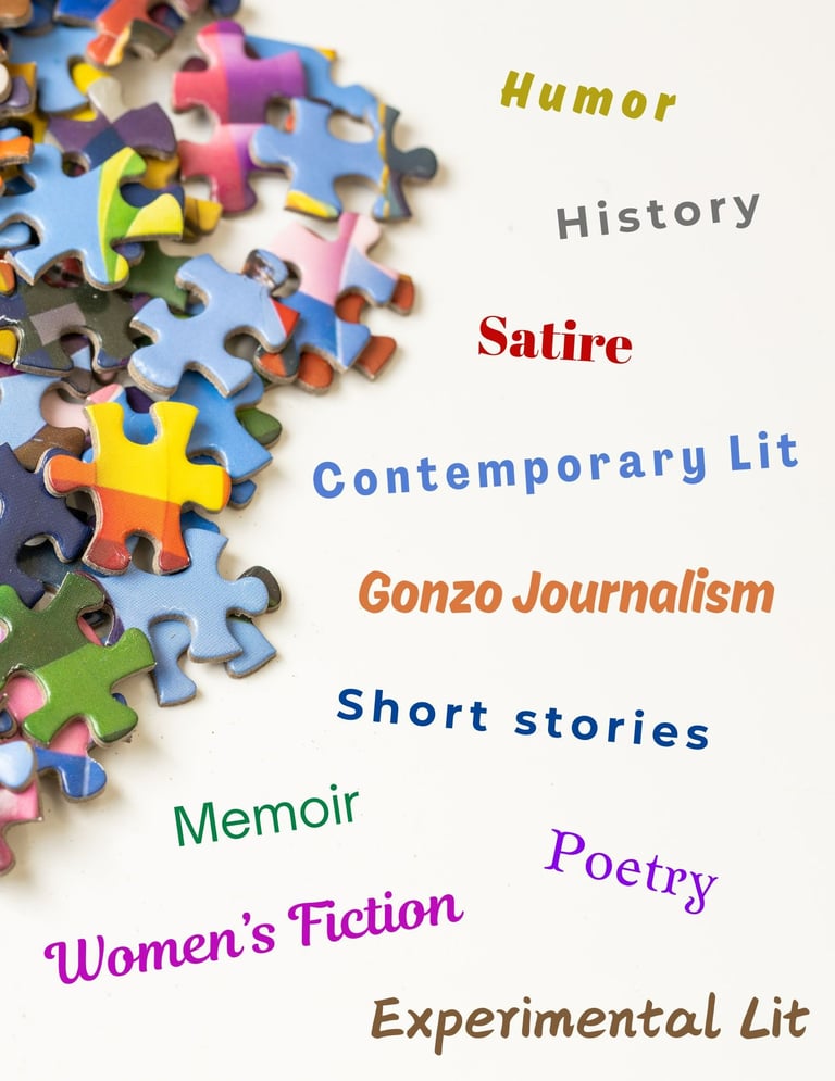 a mix of genres like contemporary and women's fiction, satire, short stories, and poetry