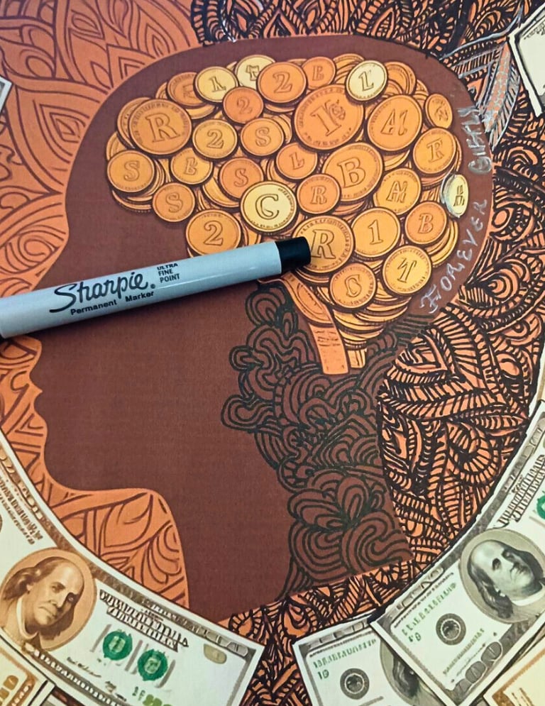 close up of a printable affirmation coloring page; traced mandala lines with a marker for focus