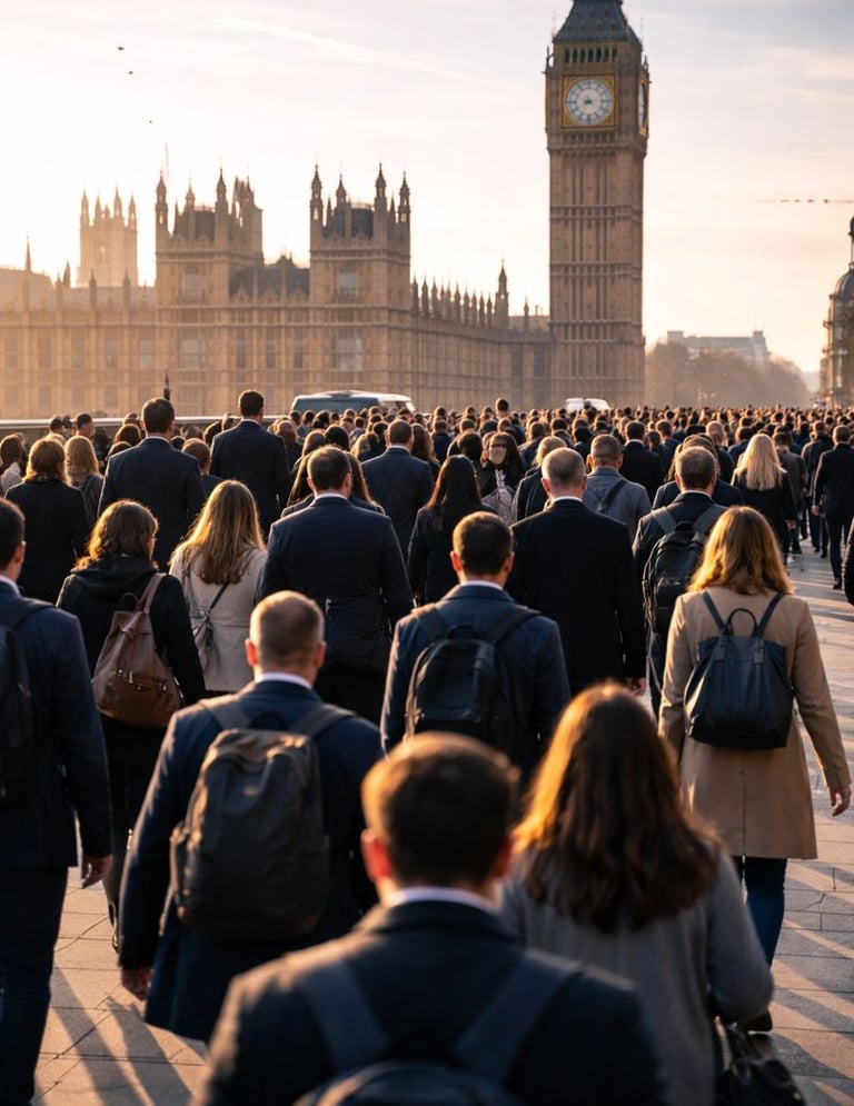 Crowd of people crossing London Bridge