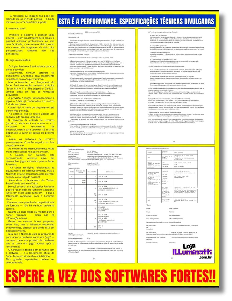 Revista Famicom Hissyoubon Magazine edição de 16/12/1988 com 4 pág especificações console à Imprensa