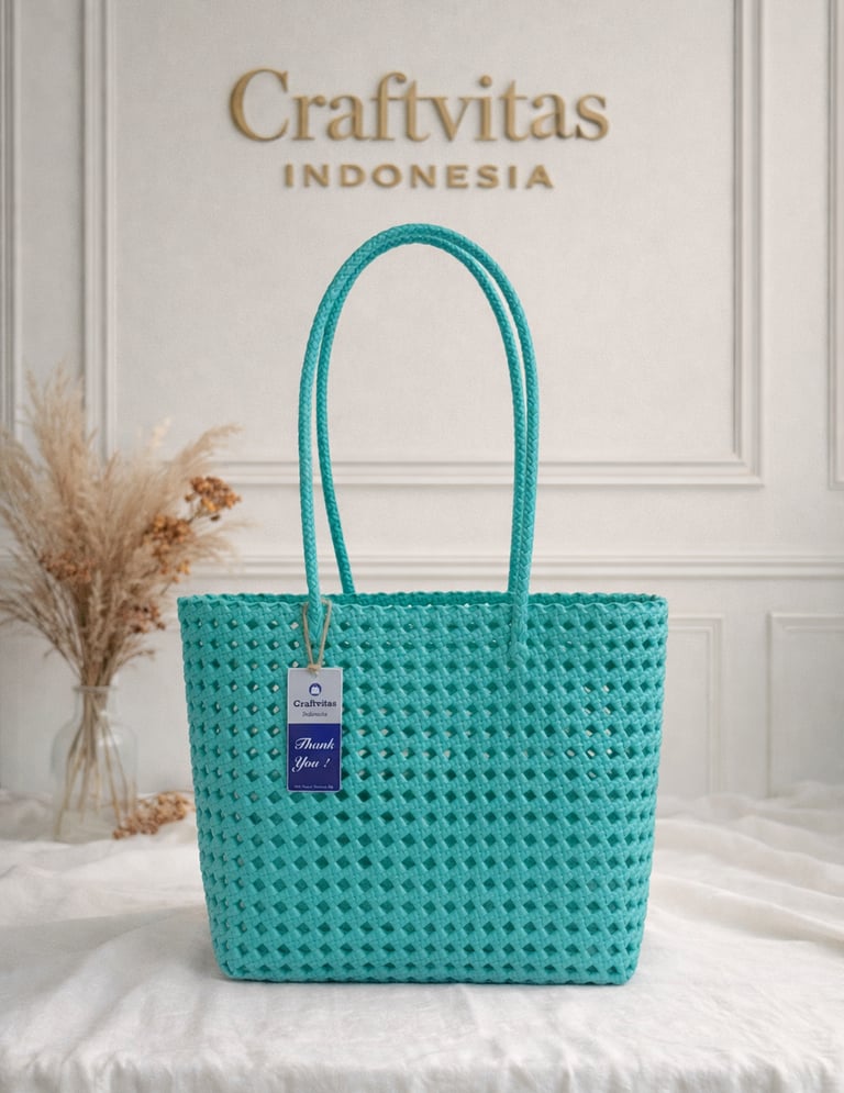 Tas anyaman plastik model sekar warna tosca handmade Craftvitas Indonesia
