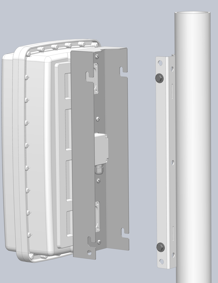 Rapidly deployable mounting bracket for Plasdev housing shown in separated view
