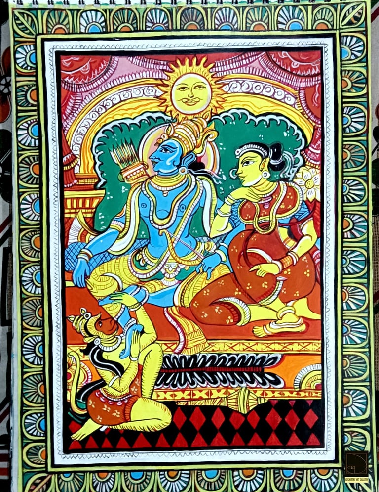 pattachitra art of hindu scripture ramayana with lord rama ,his consort sita and his devotee hanuman