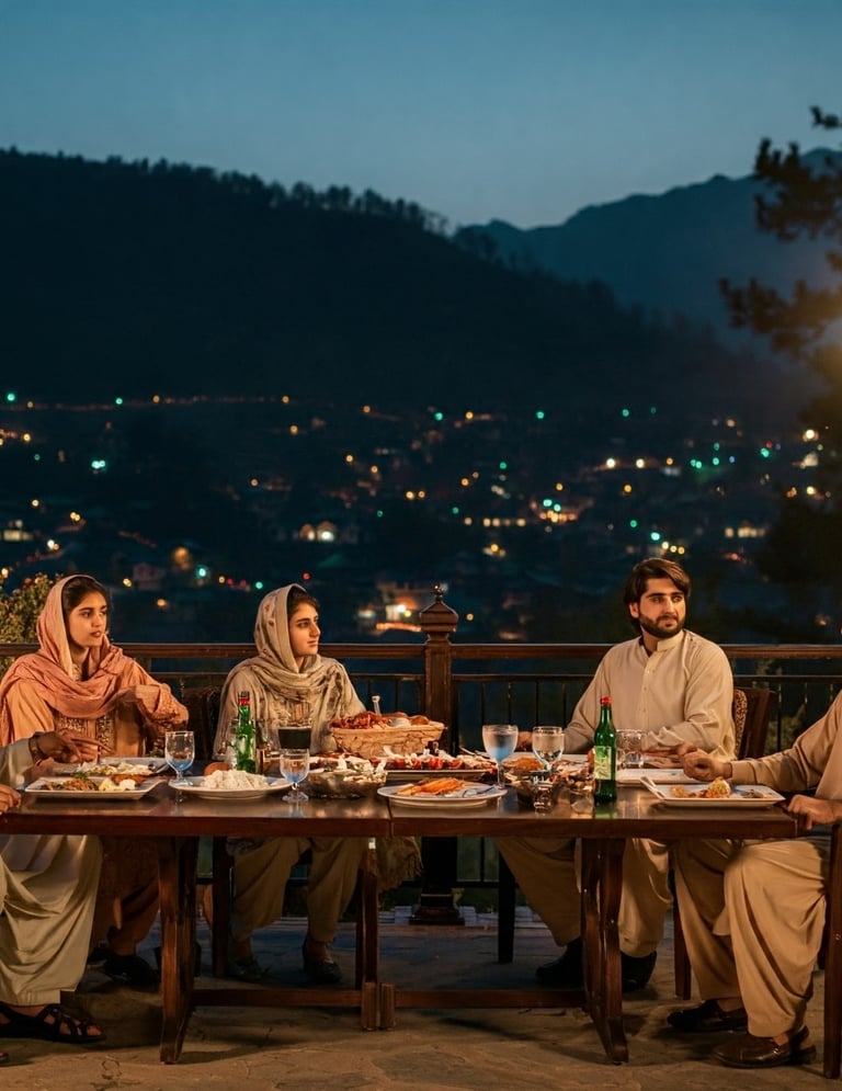 People dining at night in Nathiagali