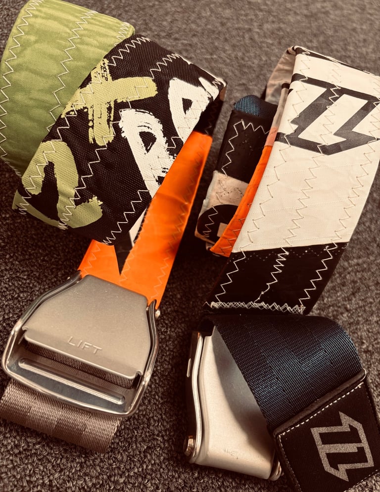 Belts made from upcycled kite struts and webbing