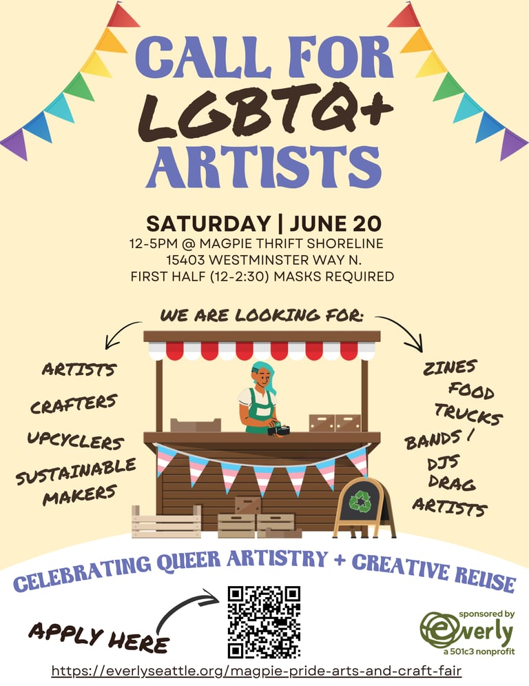 flier featuring pride colored banners and a simple wooden booth with a queer vendor and text (aside)