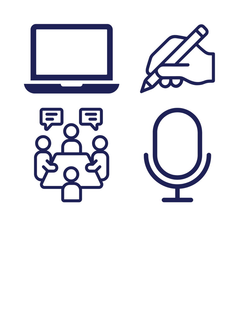 a collection of four icons: a microphone, a hand holding a pencil, a laptop, and a group of people