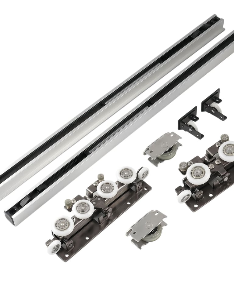 Heavy duty sliding door track and roller kit for smooth wardrobe or closet operation.