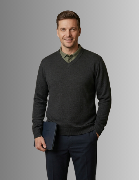 Homem vestindo o suéter gola V da Pietrino na cor BlackStar em uma pose corporativa