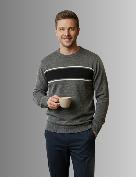 Homem vestindo o suéter de gola redonda da Pietrino com uma pose casual e uma xícara de café na mão