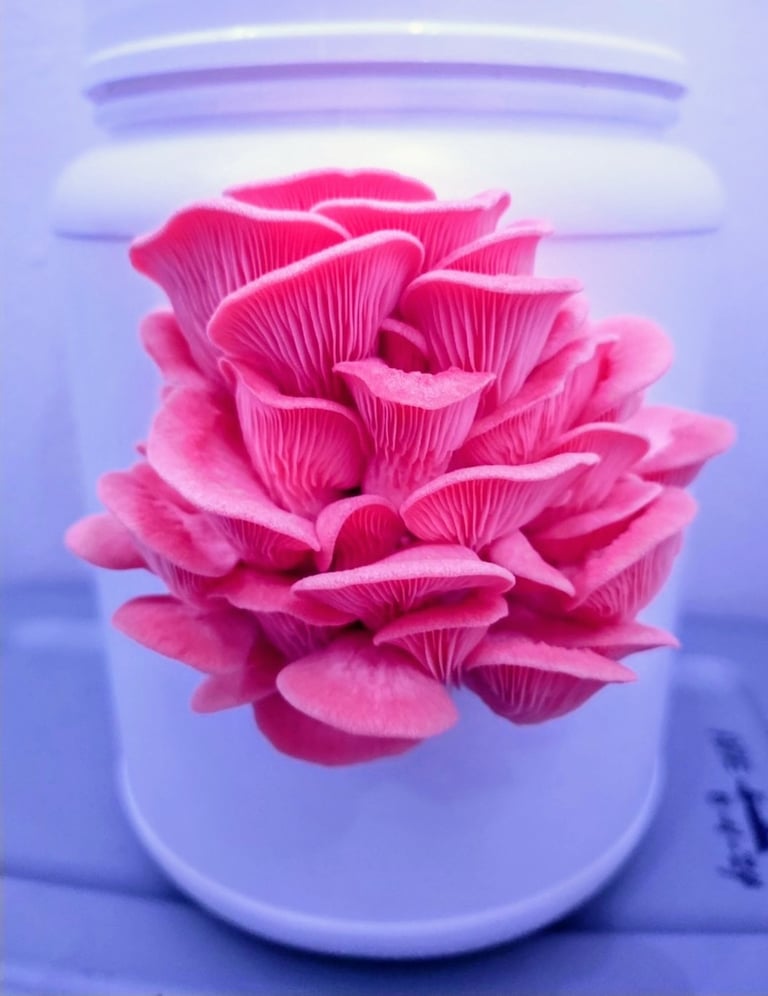 pink oyster mushroom growing out of protein container