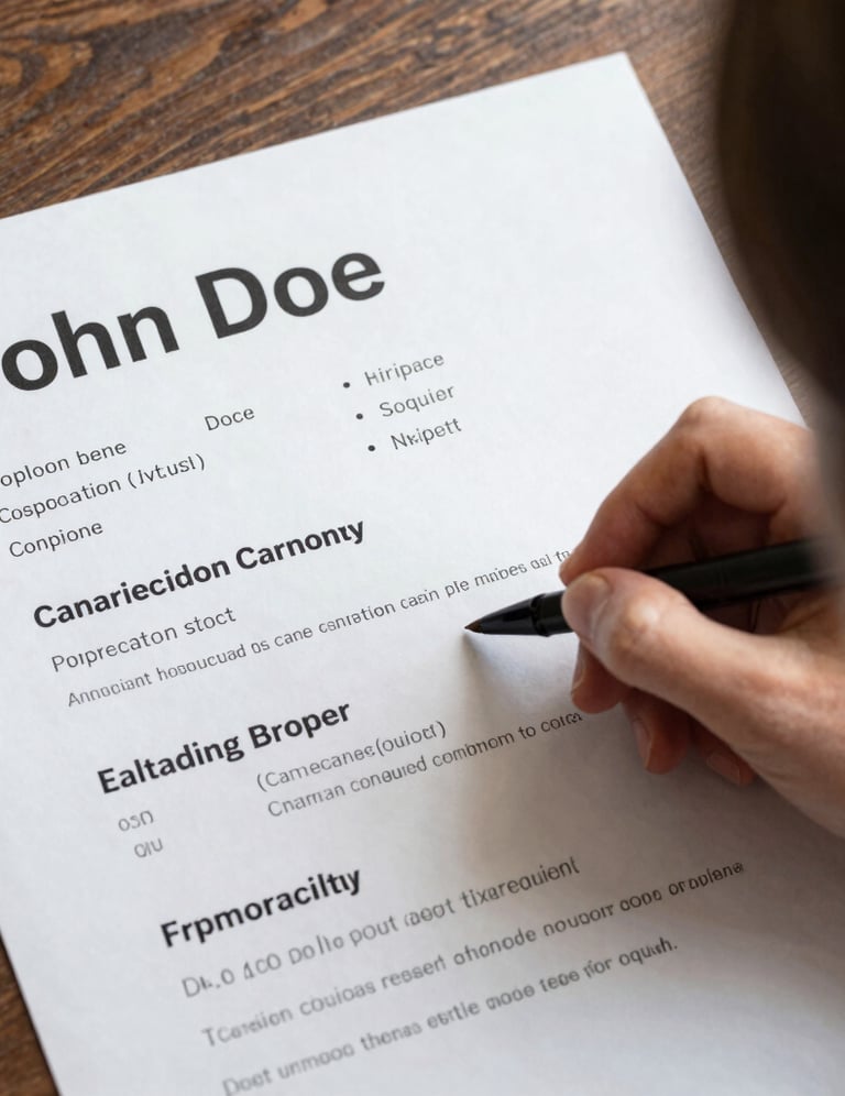 A friendly person typing on a laptop with a resume template on the screen.