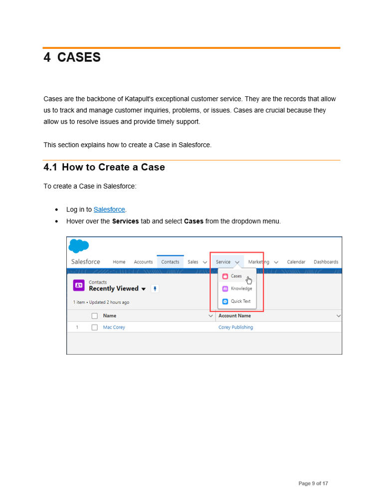 Image of user guide writing sample from Glen Cadorette:  How to Create a Case.