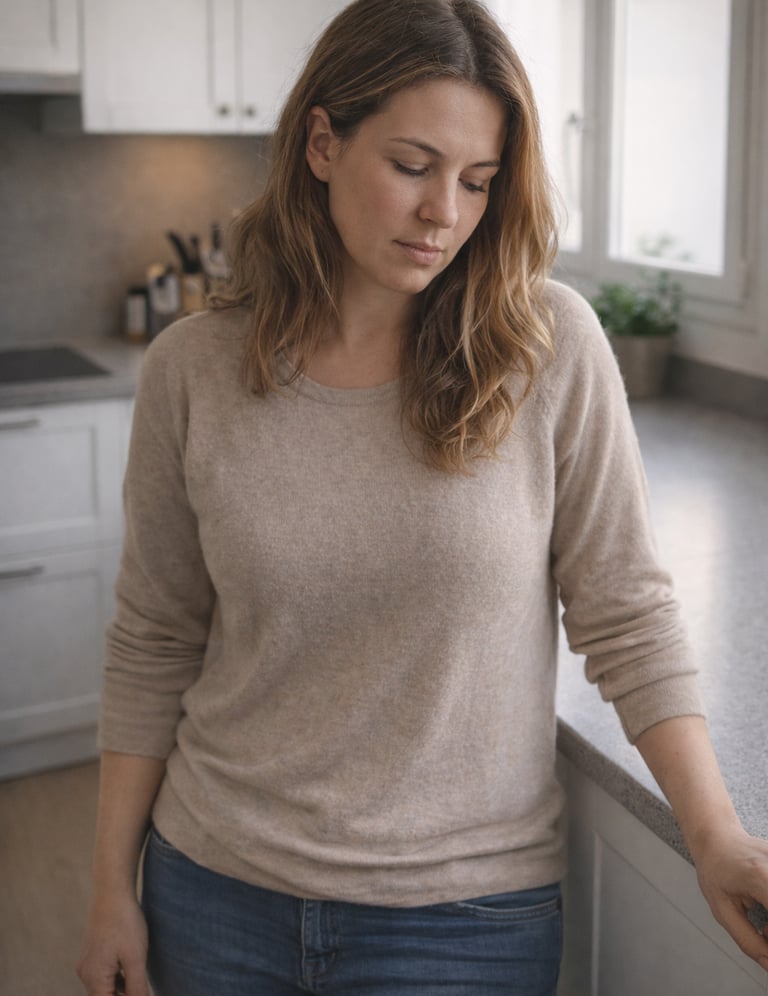 femme soucieuse dans sa cuisine