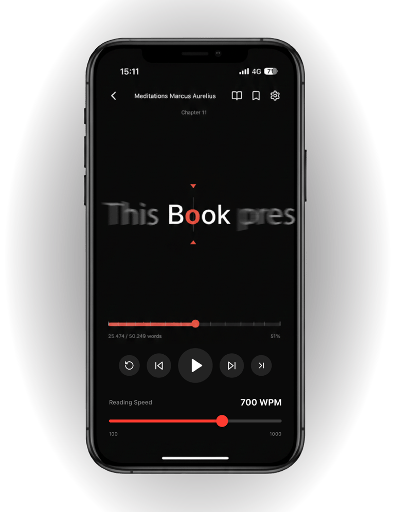 Iphone mockup with the app reader screen and the reading controls