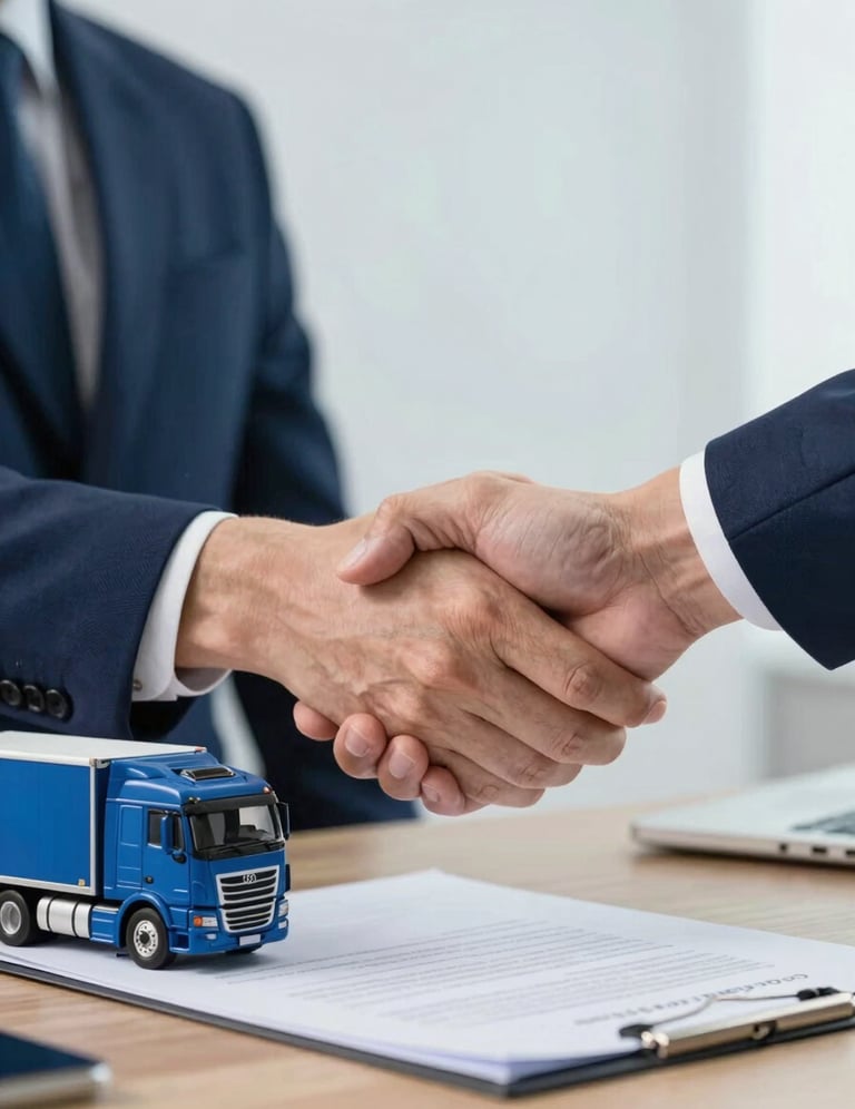A close-up, high-quality image of a handshake over a professional contract on a desk. Beside it sits a model semi-truck. The scene projects trust and authority. The colors include deep blues like #0A1D37 and soft light from #F0F4F8.