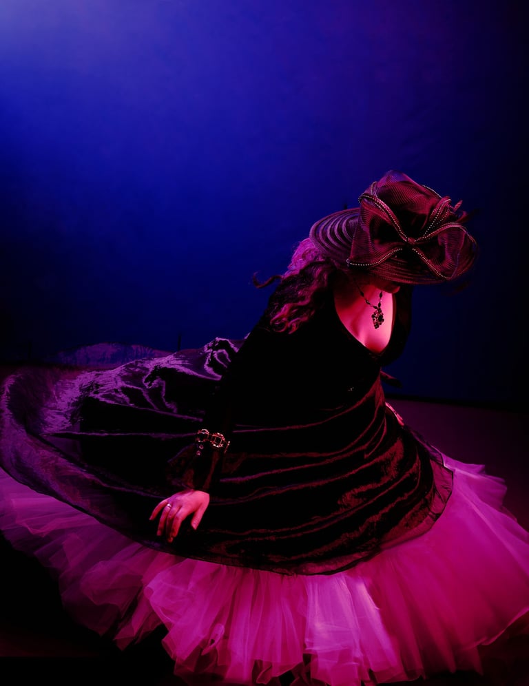 a woman in a black dress and fancy hat dancing around