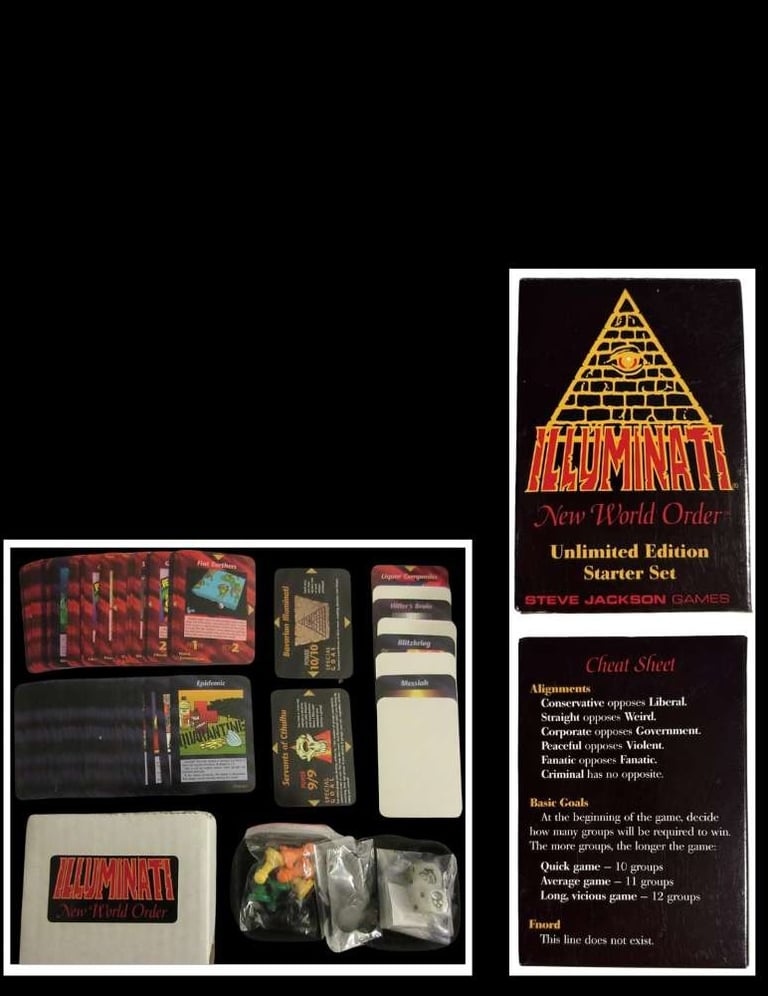 Caixa, cartas, dados e acessórios do jogo de cartas illuminati INWO 1995 que previu atentado 11/09
