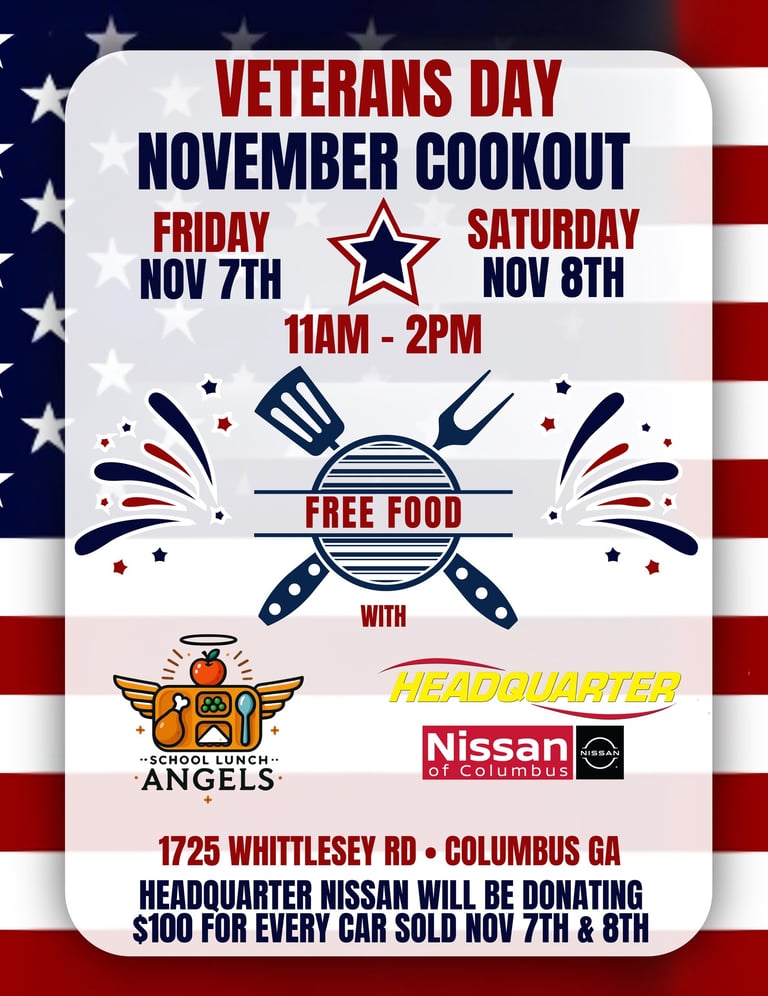 Veterans Day Cookout Flyer for School Lunch Angels in partnership with Headquarter Nissan