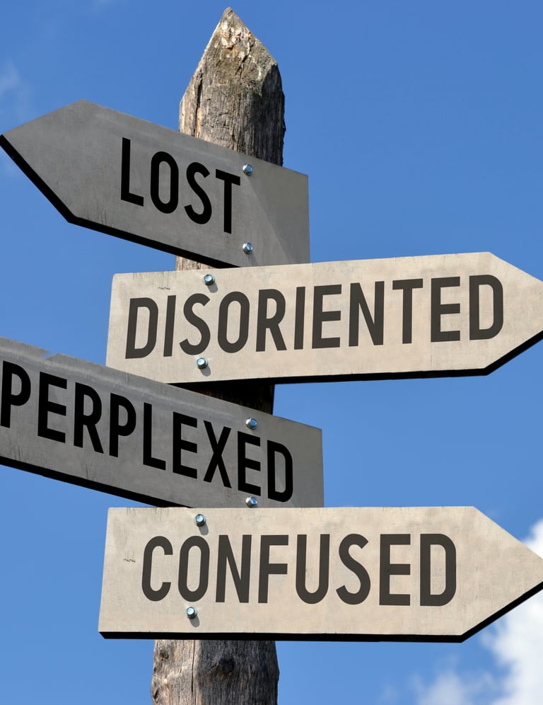 A wooden signpost with directional arrows reading lost, disoriented, perplexed, and confused against a blue sky.