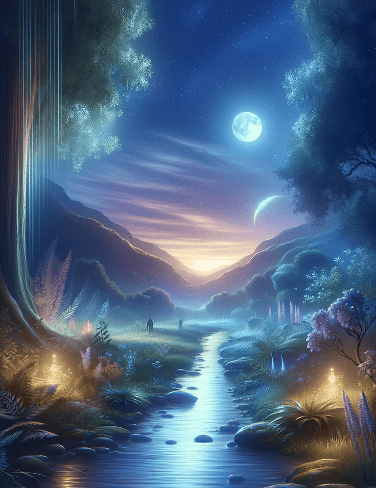 a river scene with a full moon and a full moon