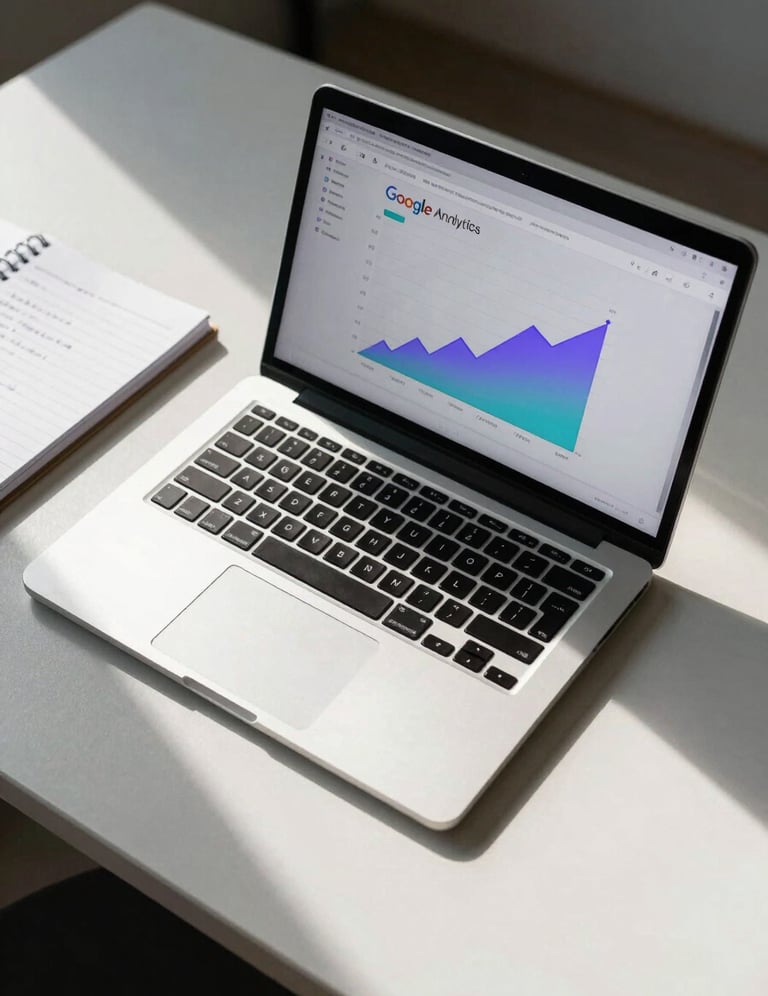Wide shot from above of a desk with an open laptop showing a Google Analytics dashboard with rising traffic graphs in purple and cyan, a notebook with handwritten notes beside it, clean studio daylight from the left, high contrast, no people visible