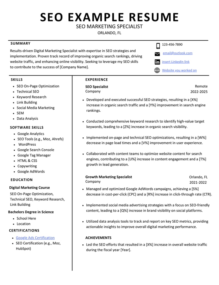 a professional seo marketing resume template