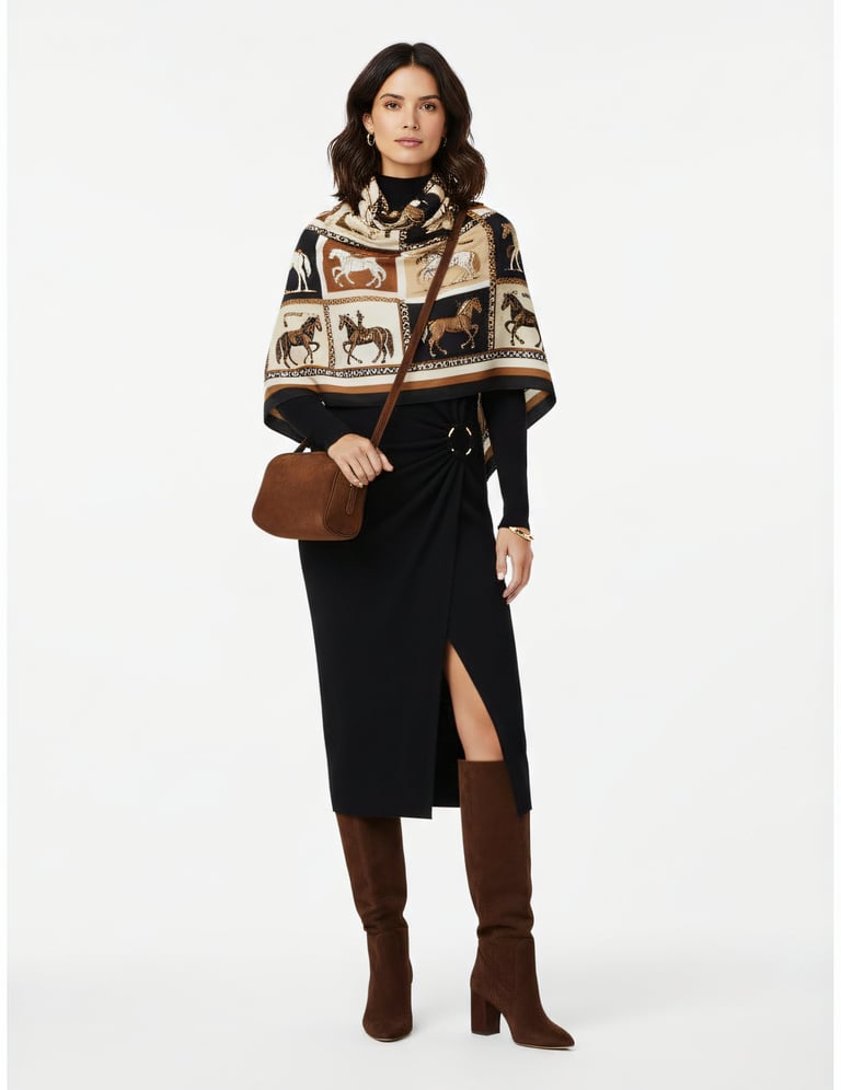 a woman in a black dress, handbag and boots 