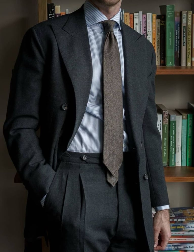 a man in a suit and tie is standing in front of a bookcase