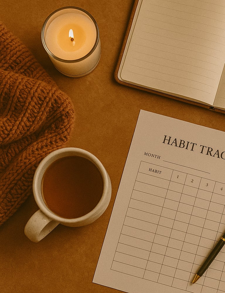 Flat-lay of October reset essentials: candle, planner, and cozy fall textures.