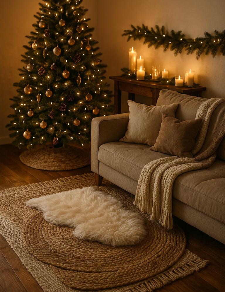 Cozy Christmas living room with layered rugs, glowing tree, candles, and soft neutral decor.