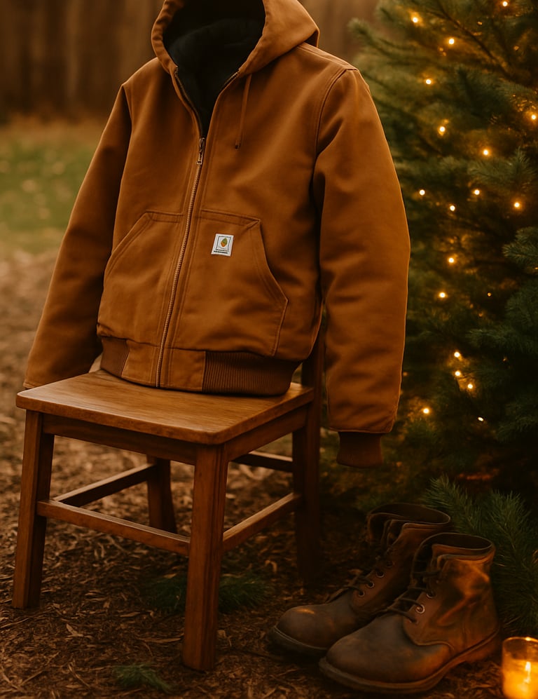 Carhartt-style jacket draped over wooden chair beside boots and pine tree with golden sunlight.