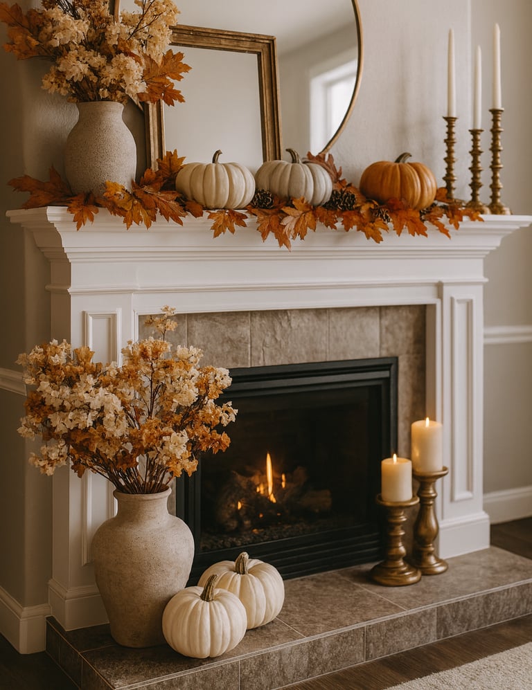 fireplace mantel decorated for fall with a round brass-framed mirror layered with a vintage frame