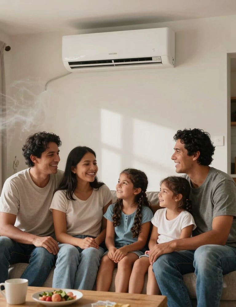 A happy South American family sitting together in a beautifully cooled, modern living room in Cali, enjoying a fresh breeze from an air conditioner, warm natural home environment.