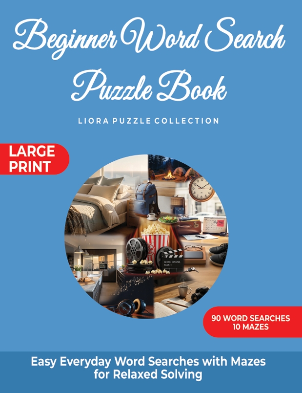 Beginner Word Search Puzzle Book cover featuring illustrated everyday items.
