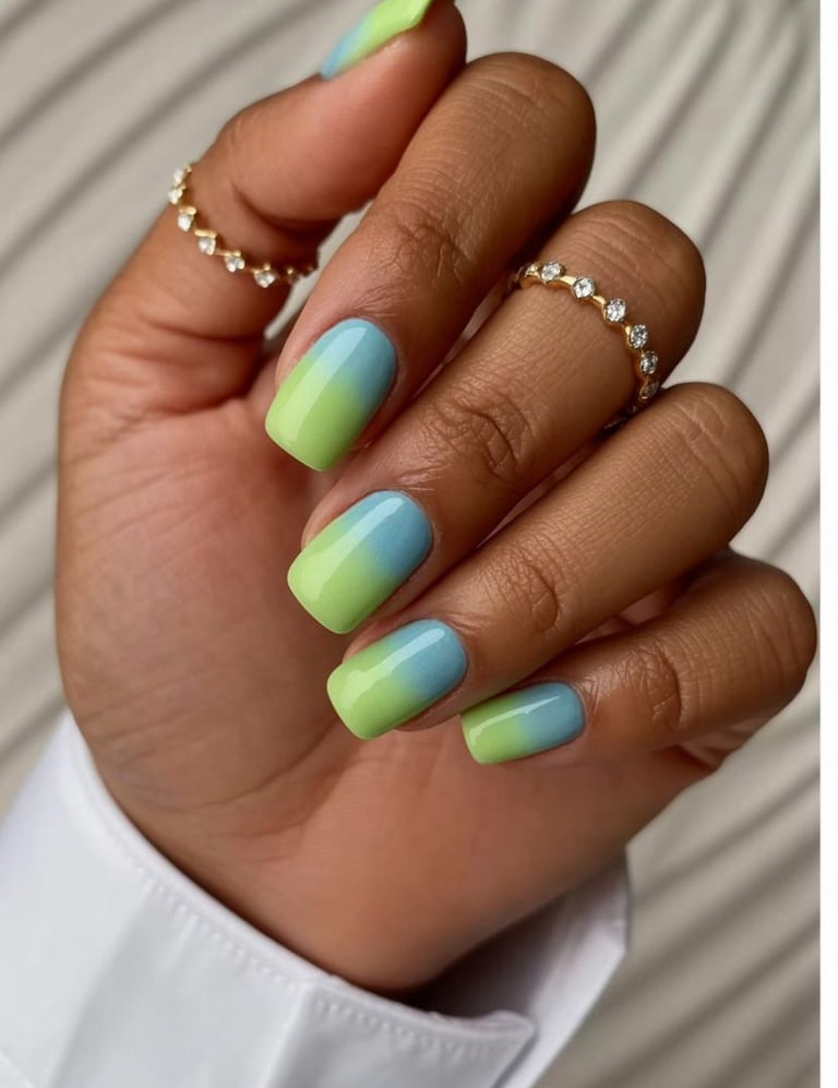 Square nails in lime green and sky blue ombre